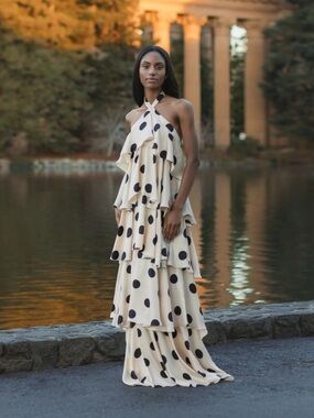 Mac Duggal Leena Polka Dot Charmeuse Halterneck Gown
